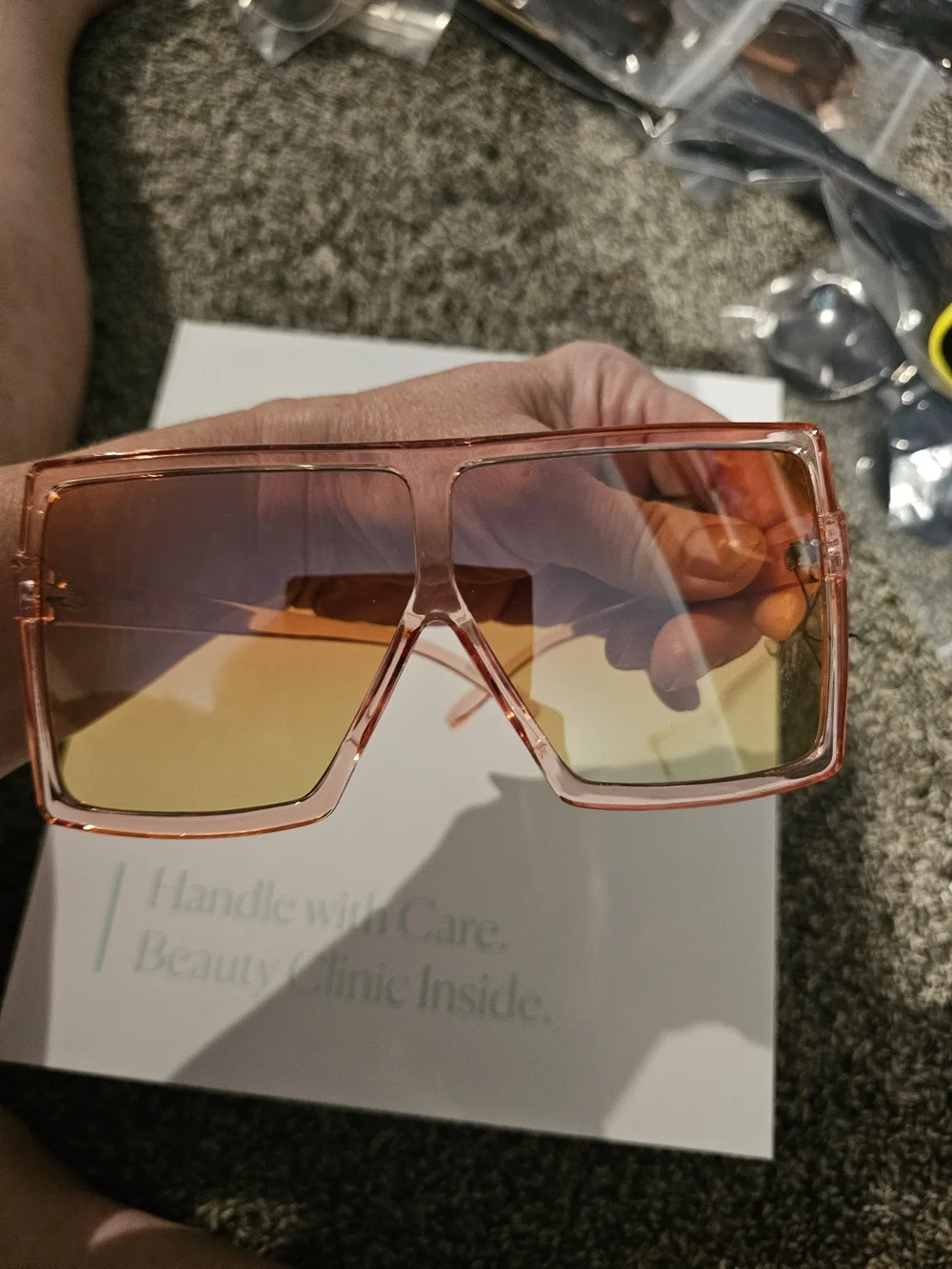 Translucent Pink Shield Sunglasses with Orange Gradient Lenses